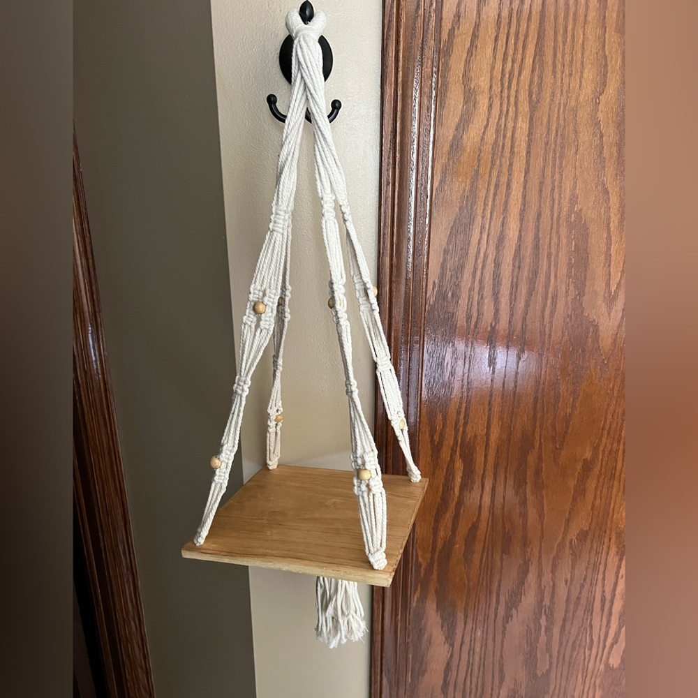 Boho Cream Macrame Hanging Shelf with Wooden Platform
